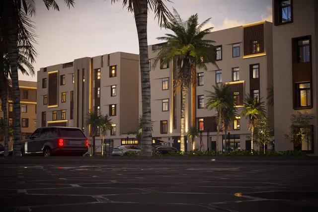 Façade at night — Nuzul Khayala Residences, North Jeddah