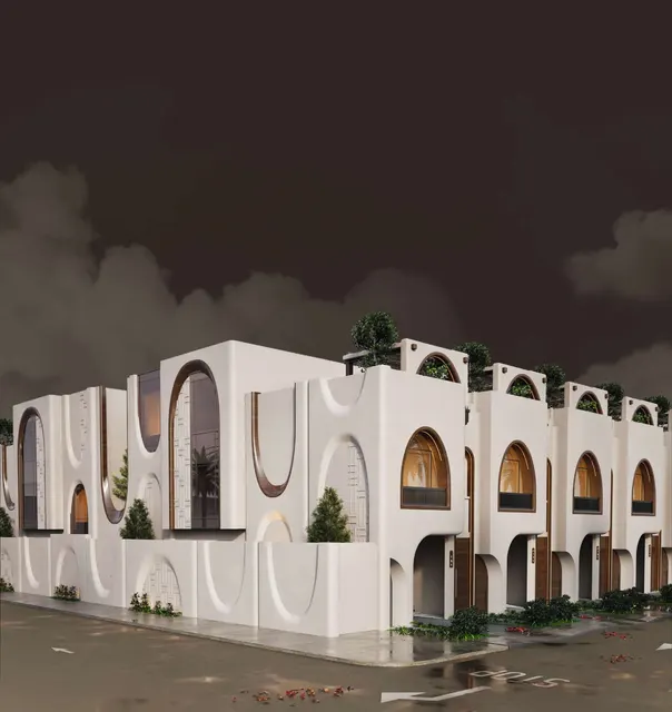 Façade at night — Sadana Townhouse, Al Rawdah