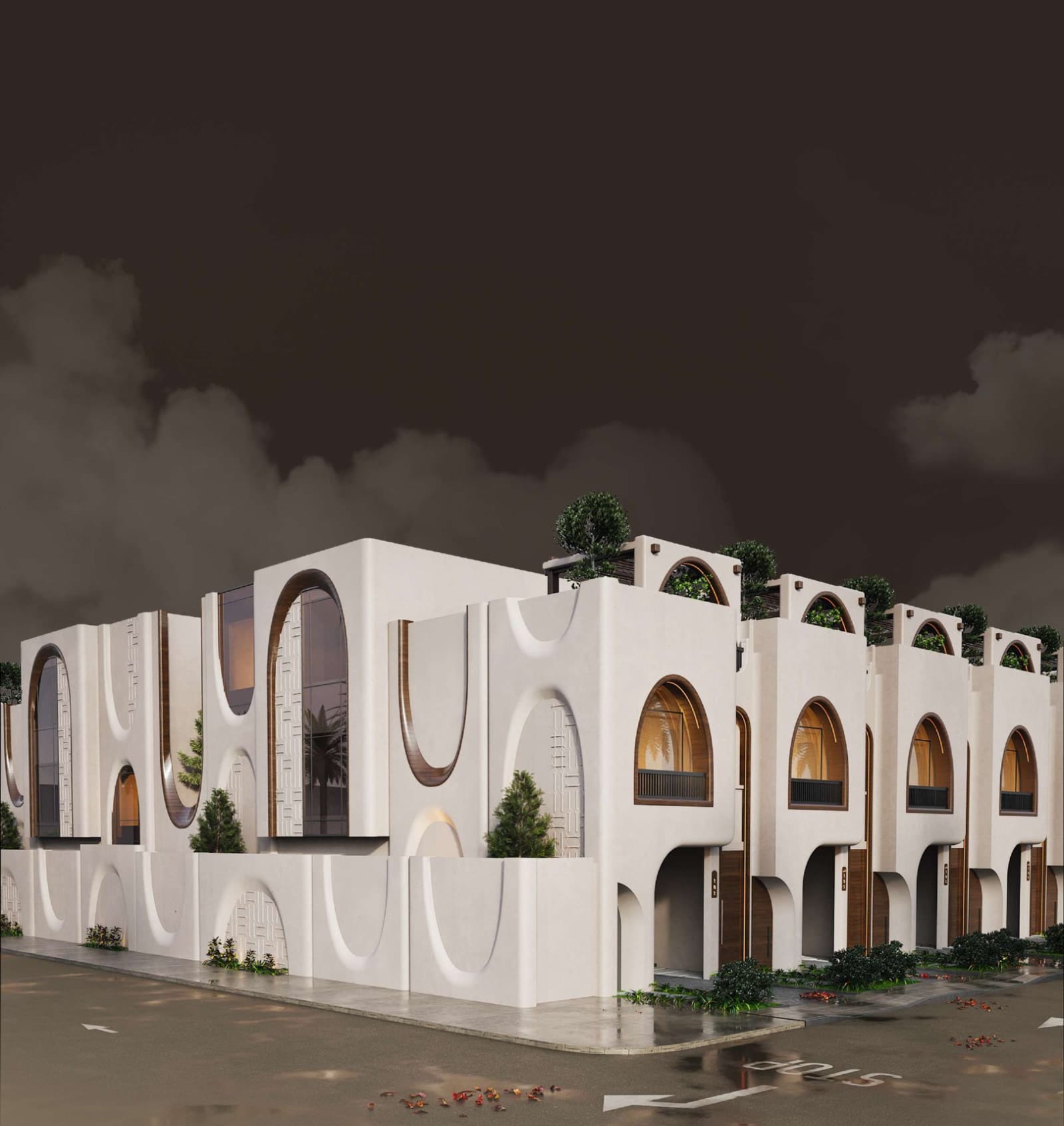 Façade at night — Sadana Townhouse, Al Rawdah